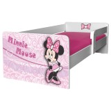 Pat pentru copii Minnie, cu protectie laterala detasabila, Pal melaminat, margini rotunjite, 2-8 ani, 144x76x45 cm, alb roz