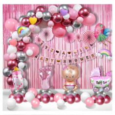 Arcada baloane 150 piese, Baby Girl/Baby Shower/It's a Girl, 10 figurine folie de aluminiu, Perdele decorative, Roz/Mov