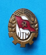 Insigna veche Epoca socialista UTM Uniunea Tineretului Muncitor RPR - anii 1960 foto