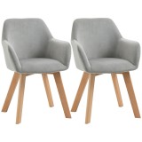 HOMCOM Set 2 Scaune de Sufragerie cu Picioare din Lemn, Scaune de Bucatarie Capitonate cu Cotiere din Tesatura Catifelata, 54x57x80cm, Gri