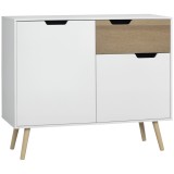 HOMCOM Bufet Mobilier de depozitare pe picior de tip scandinav cu dulapuri pentru Baie, sufragerie, Bucătărie, Picioare din lemn masiv de pin - Alb -