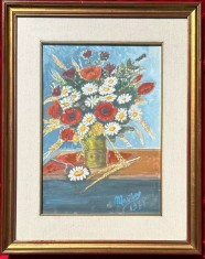 Tablou 1978 Natură statică cu Flori de Camp pictura in acuarele, &icirc;nrămat rama lemn 40x50cm