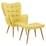 Cumpara ieftin Fotoliu Maddison cu suport pentru picioare - perna catifea galben - culoare lemn natural 68x72x98cm