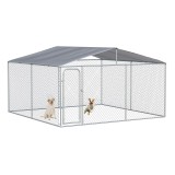 PawHut Țarc pentru C&acirc;ini Talie Medie, Metal Galvanizat, Acoperiș Oxford, Ușă cu Zăvor, 400x230x232 cm, Argintiu | Aosom Romania