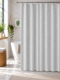 Cumpara ieftin Perdea de Dus Print Model Geometric Liniar, Alb si Gri, Marime 180 180 cm, Poliester si Polipropilena, 12 Inele Incluse