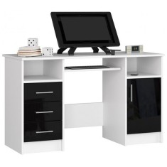 Birou calculator, placa laminata, 3 sertare, 5 rafturi, alb si negru lucios, 124x52x74 cm foto