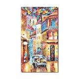 Tablou pictat manual, Peisaj citadin, masina de epoca, 90x50cm ulei pe panza in cutit efect 3D