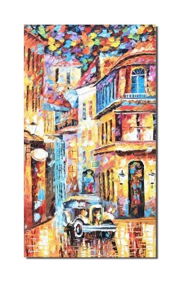 Tablou pictat manual, Peisaj citadin, masina de epoca, 90x50cm ulei pe panza in cutit efect 3D foto