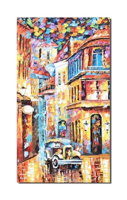 Tablou pictat manual, Peisaj citadin, masina de epoca, 90x50cm ulei pe panza in cutit efect 3D