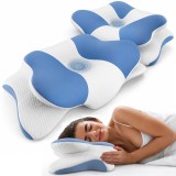 Set 2 Perne Ortopedice Cervicale pentru dormit Linomag&reg;, Spuma cu Memorie, Husa lavabila, Suport pentru cap, gat, umeri si brate, Alb/Albastru pastel,