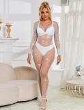 Catsuit Eross Rhinestone Mesh XS/M Alb
