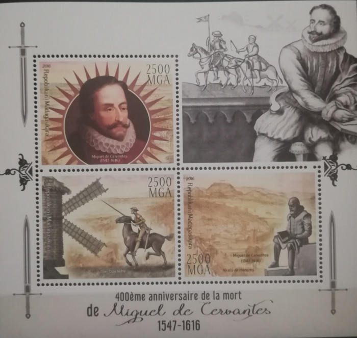 BC588, Madagascar 2016, set colita+bloc- Miguel de Cerbantes, Don Quijote