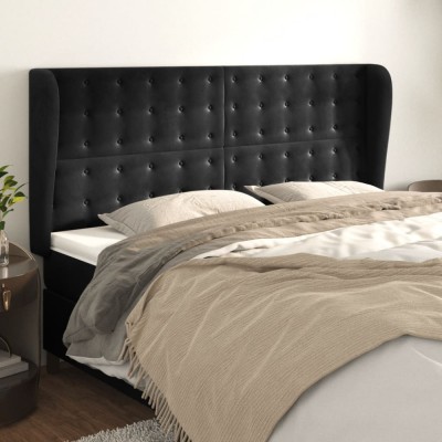 vidaXL Tăblie de pat cu aripioare, negru, 163x23x118/128 cm, catifea 3118446 foto