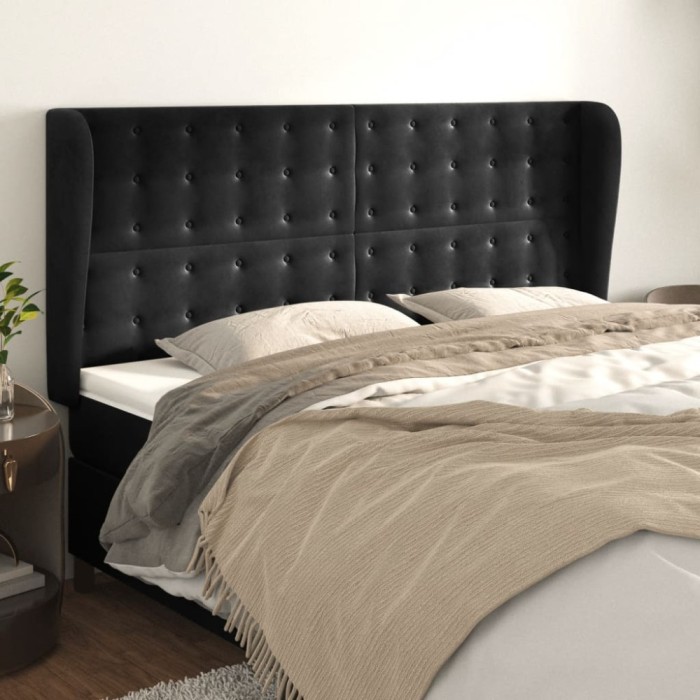 vidaXL Tăblie de pat cu aripioare, negru, 163x23x118/128 cm, catifea 3118446