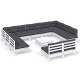 Set mobilier gradina cu perne, 12 piese, alb, lemn masiv pin