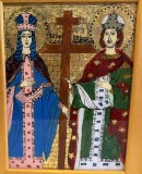 Icoana pe sticla-Sf. C-tin si Elena- foita de aur UNICAT, rama lemn