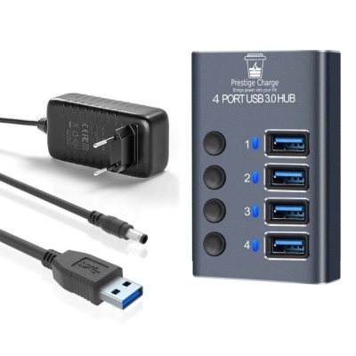 Hub USB 4 in 1 cu Buton ON/OFF, PRESTIGE CHARGE&amp;reg;, din Aluminiu, 4 porturi USB 3.0 Transfer Date 5Gbps si Incarcare Externa 36W foto