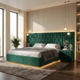 Pat Tapitat Iris Verde Cu Extensii Si Noptiere Tapitate ⭐Calitate premium