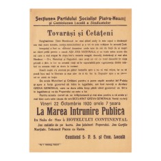 Partidul Socialist, manifest privind greva, 22 octombrie 1920