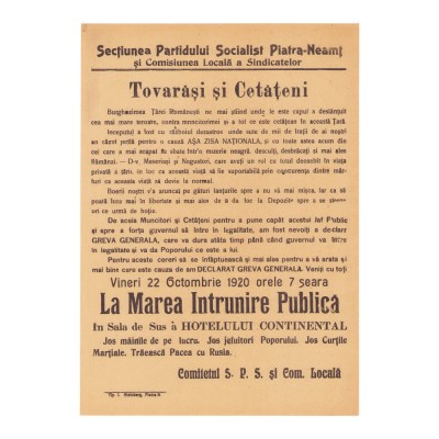 Partidul Socialist, manifest privind greva, 22 octombrie 1920 foto