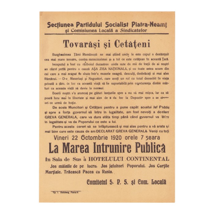 Partidul Socialist, manifest privind greva, 22 octombrie 1920