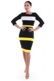 V856B-192 Rochie office eleganta cu model geometric in dungi colorate, L