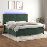VidaXL Pat cu arcuri, saltea și LED, verde &icirc;nchis, 200x200 cm, catifea 3136206