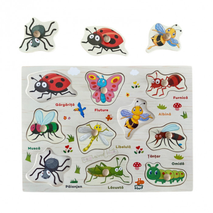 Puzzle educational, Onore, multicolor, lemn, 30 x 22.5 cm, insecte denumire romana