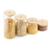 Set 4 Borcane Sticla Navaris, Capac Bambus, 1400ml, 1000ml, 600ml, 300ml, Depozitare Alimente, Maro/Transparent