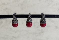 Set din argint masiv 925, cercei și pandantiv, coral roșu cu marcasite foto