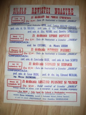Afis 1987 Zilele Revistei Noastre ,16-20 nov. - cu participarea prof. universit foto