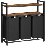 VASAGLE Cos de rufe cu 3 saci detasabili, 3x40 litri, 2 rafturi, structura metalica, stil industrial, 92x33x92 cm, maro rustic Household NewTrend