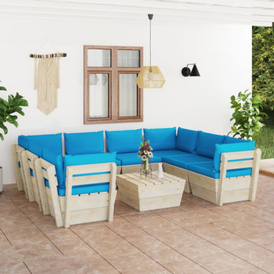 vidaXL Set mobilier grădină paleți, 9 piese, cu perne, lemn de molid foto