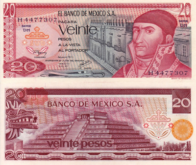 MEXIC 20 pesos 1977 serie DH UNC!!! foto