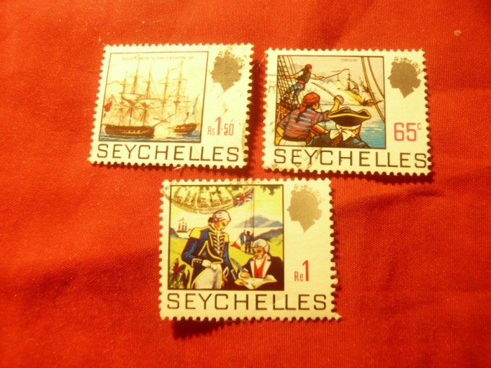 3 Timbre Seychelles 1969 -Corabii ,R.Elisabeta II stampilate: 65C,1R ,1,5R