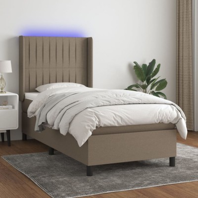 vidaXL Pat cu arcuri, saltea și LED, Gri taupe, 100x200 cm, textil foto