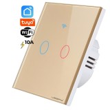 Cumpara ieftin Intrerupator inteligent cu touch, rama sticla, Wifi, Tuya, Smart Life, 2 canale, 10A, Auriu