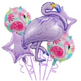 Baloane aniversare Flamingo Party, Cyrax, din Folie de aluminiu si Latex, set din 5 baloane, 1 Flamingo, 2 Stele, 2 rotunde, 60 x 90 cm, Adeziv si pai