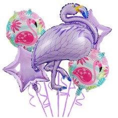 Baloane aniversare Flamingo Party, Cyrax, din Folie de aluminiu si Latex, set din 5 baloane, 1 Flamingo, 2 Stele, 2 rotunde, 60 x 90 cm, Adeziv si pai