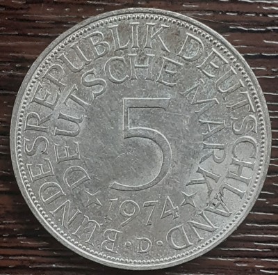 (A895) MONEDA DIN ARGINT GERMANIA - 5 MARK 1974, LIT D, 11,2 GRAME. PURITATE 625 foto