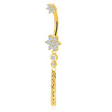 Piercing din aur 375 pentru buric - flori cu zirconii, două zirconii clare &icirc;ntr-o montură, legătură cu un lanț