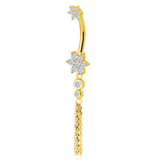 Piercing din aur 375 pentru buric - flori cu zirconii, două zirconii clare într-o montură, legătură cu un lanț