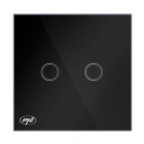 Intrerupator Touch Dublu PNI SH222 Sticla Neagra LED 10A 2x200W Fara Nul