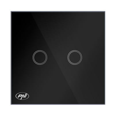 Intrerupator dublu cu touch PNI SH222 din sticla, negru cu LED indicator, 10A, 2X200W foto
