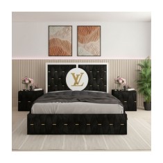 Pat Luis Negru01 Tapitat 160x200 + Noptiere Tapitate + Saltea LUx Ortopedica