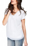 Bluza de dama plisata cu maneca scurta, casual sau eleganta, guler in A, alb, marimea S