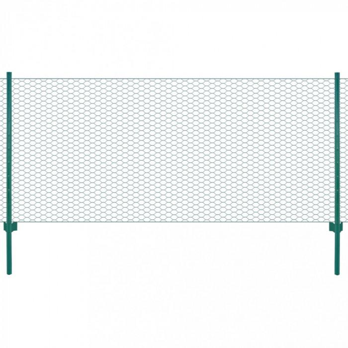 Gard din plasă de s&acirc;rmă cu st&acirc;lpi, verde, 25 x 0,5 m, oțel