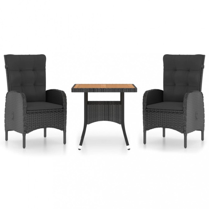 Set mobilier gradina, 3 piese, negru, poliratan si lemn acacia
