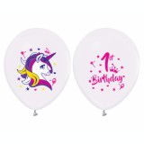 Set 5 baloane latex 30 cm, My First Birthday (Unicorn), Godan