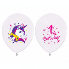 Set 5 baloane latex 30 cm, My First Birthday (Unicorn)